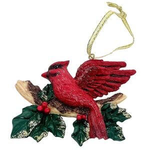 Vtg Cardinal Red Bird Resin Christmas Tree Ornament Glitter Holly Tree Branch